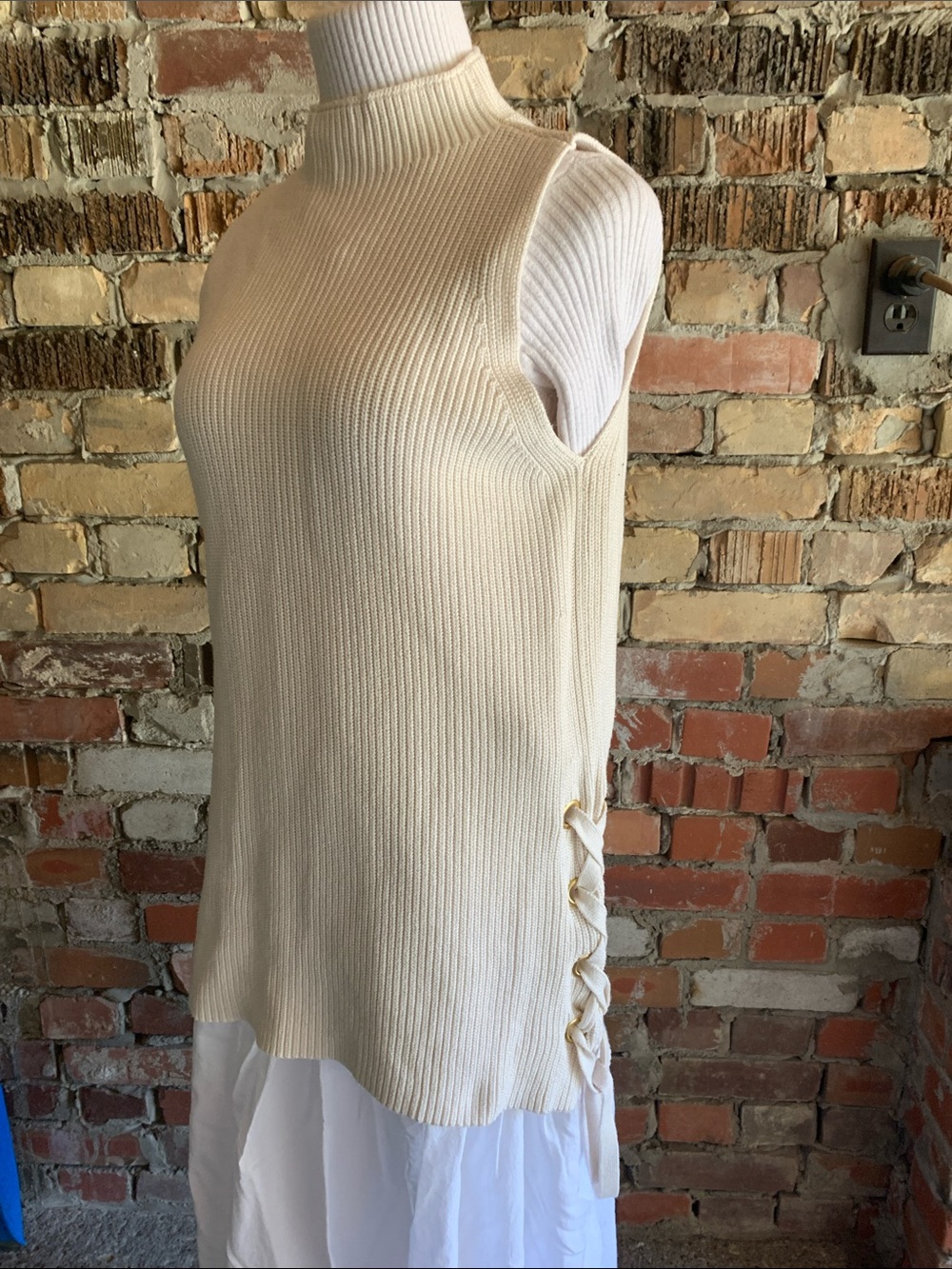 Michael Kors Cream Ribbed Sleeveless Mock Neck Tunic with Side Lace-Up